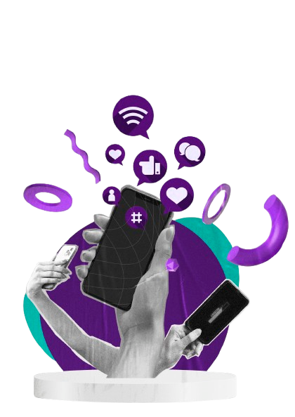 A purple and white background featuring a phone and a purple circle, representing social media management services.