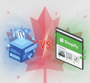 Illustration comparing WordPress and Shopify platforms for Canadian businesses, showing WordPress website features on one side and a Shopify online store on the other with a Canadian maple leaf background.