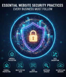 Illustration showing essential website security practices for businesses, featuring a digital shield with a lock surrounded by icons representing firewall protection, multi-factor authentication, data encryption, software updates, and secure cloud backups.