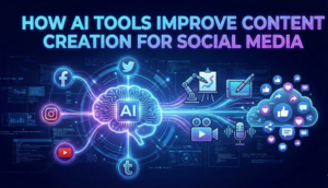 A futuristic digital illustration with a central AI processor connecting various social media platforms to content generation icons like video, art, and writing, visualizing exactly how AI tools improve content creation for social media.